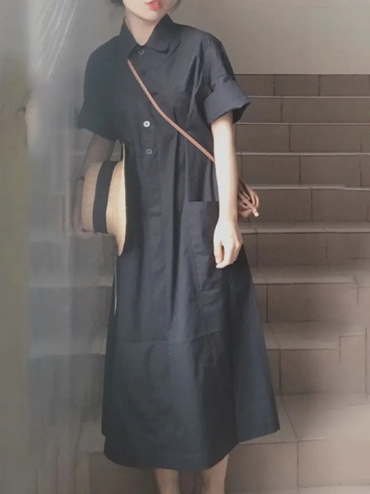 2026 Retro Solid Color Pockets Dress Women Summer Cotton Linen Shirt Dresses Female Thin Single-breasted A-line Vestidos X494