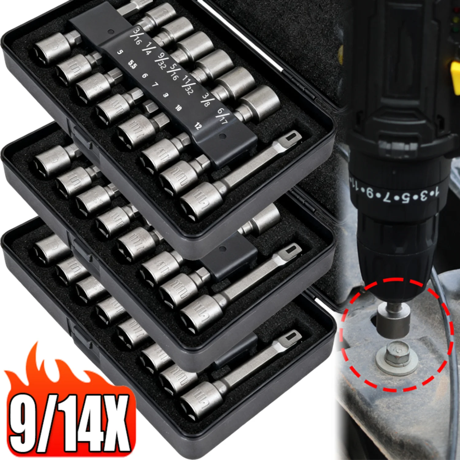 9/14Piece Hexagon Nut Driver Drill Bit Steel Socket Screwdriver Wrench Set Drill Bit Adapter Electric Impact Bolt Handle Tools