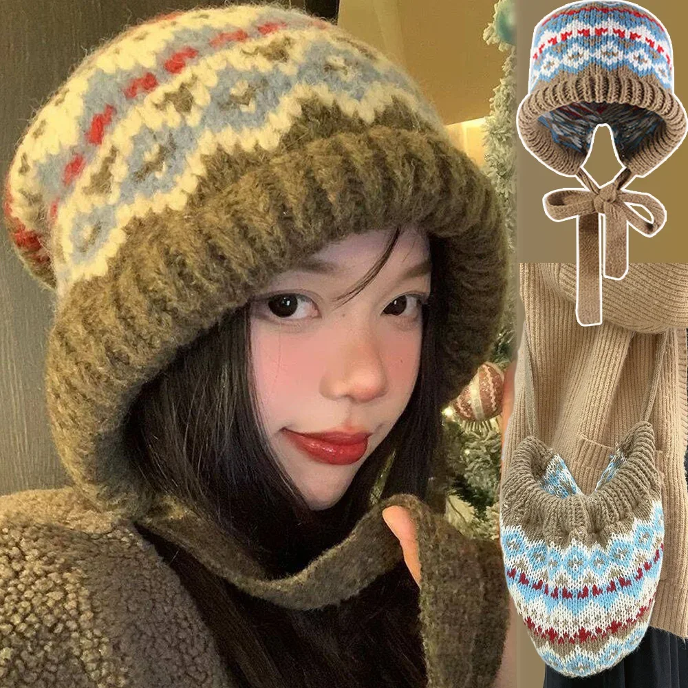 Ethnic Retro Style Brimless Hat Striped Spliced Knitted Woolen Hat for Autumn Winter Dual-use Crossbody Bag Ear Protection Caps