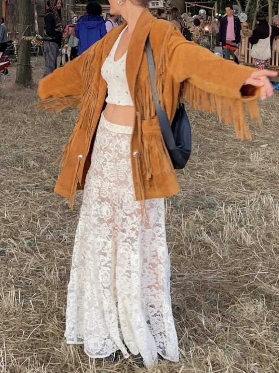 Nowa moda Koronkowe spódnice Maxi Kobiety Wysoka talia Przezroczysta elegancka długa spódnica Wszechstronny jednolity kolor Luźny Casual Jesień Zima — zdjęcie 4