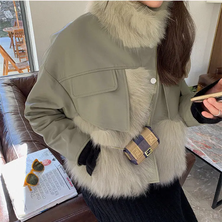 Women Faux Leather Simulated Fox Fur Korean Office Lady Winter Zipper  Turn-down Collar Full Length Keep Warm Winter Coat Women