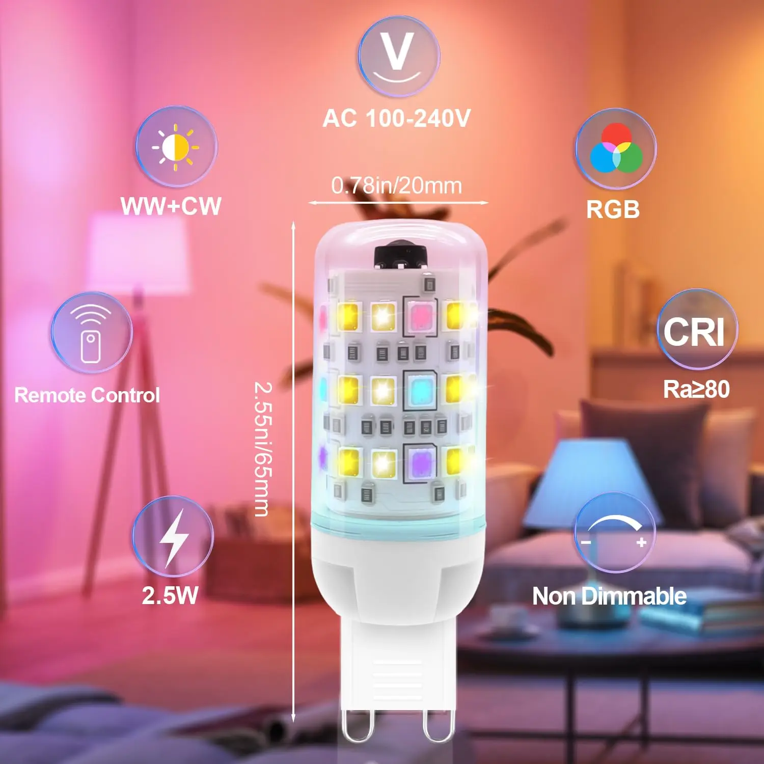G9 LED Bulb Dimmable,12 Color RGB+Warm White 3000K Color Changing with IR Remote Control Control, AC100-240V, Halloween,2 Pack