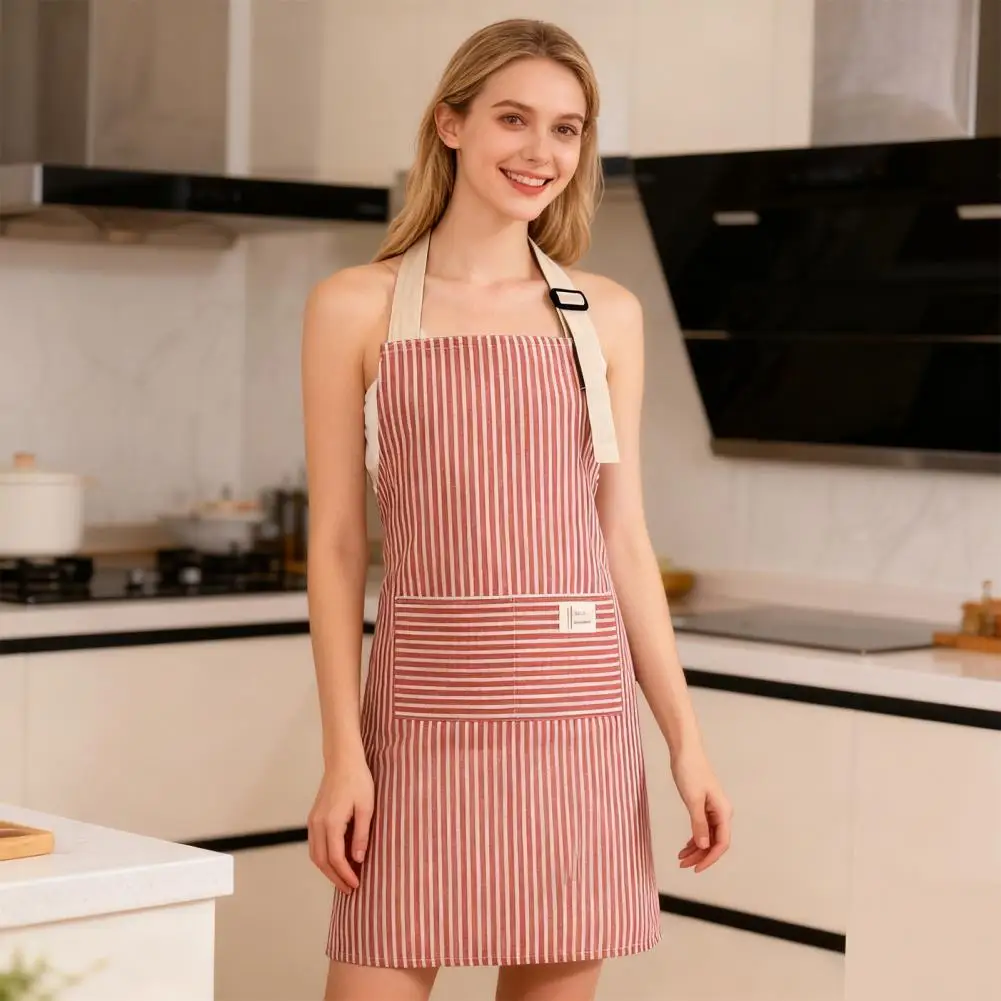 مريلة مطبخ مخططة مع جيوب، مريلة مطبخ مخططة من القطن والكتان مع جيب مقاوم للماء، قابلة للتعديل للرجال #1