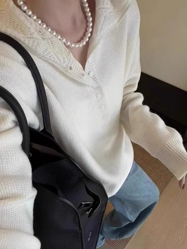 هودي صوفي محبوك للسيدات بأكمام طويلة، قطعة علوية عصرية للارتداء اليومي، تصميم بأزرار نصفية بلون واحد، مريح وأنيق لفصل الخريف #4