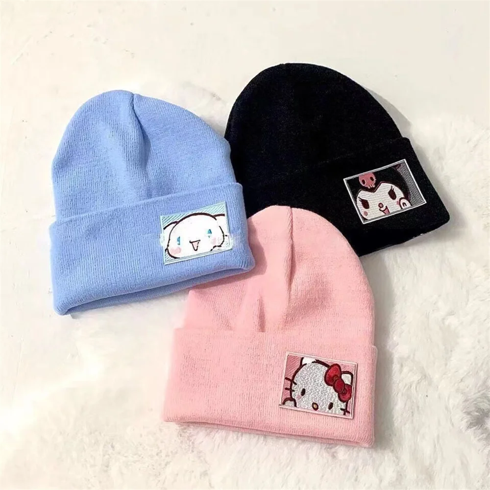 Sanrio Knitted Hats Melody Cinnamoroll Hello Kitty Kuromi Embroidered Knitted Autumn Winter Warm Hat Couple Stuff Girls Gifts