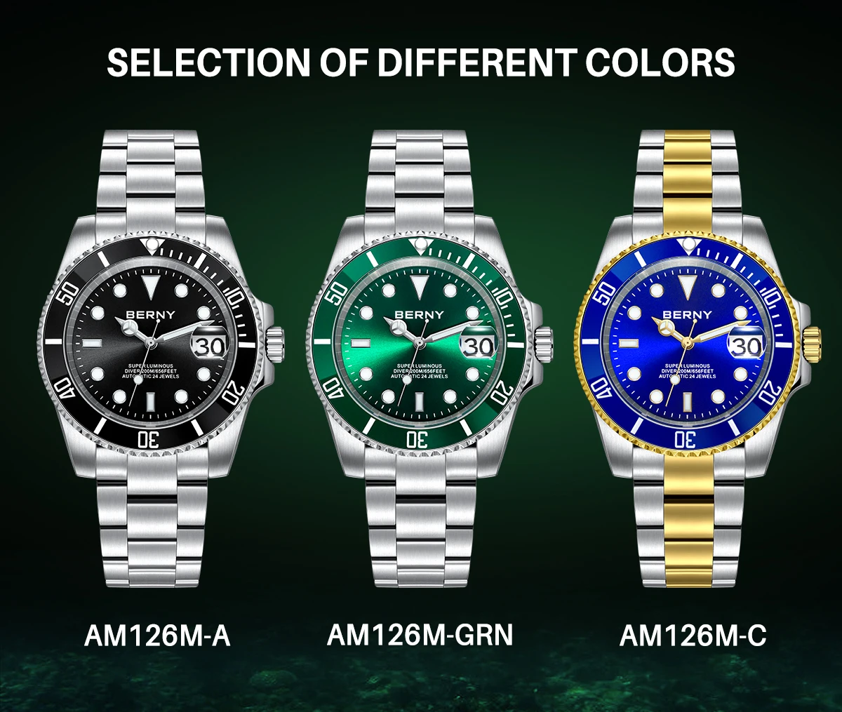 بيرني ساعة غواص أوتوماتيكية للرجال 200 متر مقاوم للماء سوبر مضيئة الميكانيكية ساعة يد رياضية الياقوت NH35 ساعة غوص رجالية