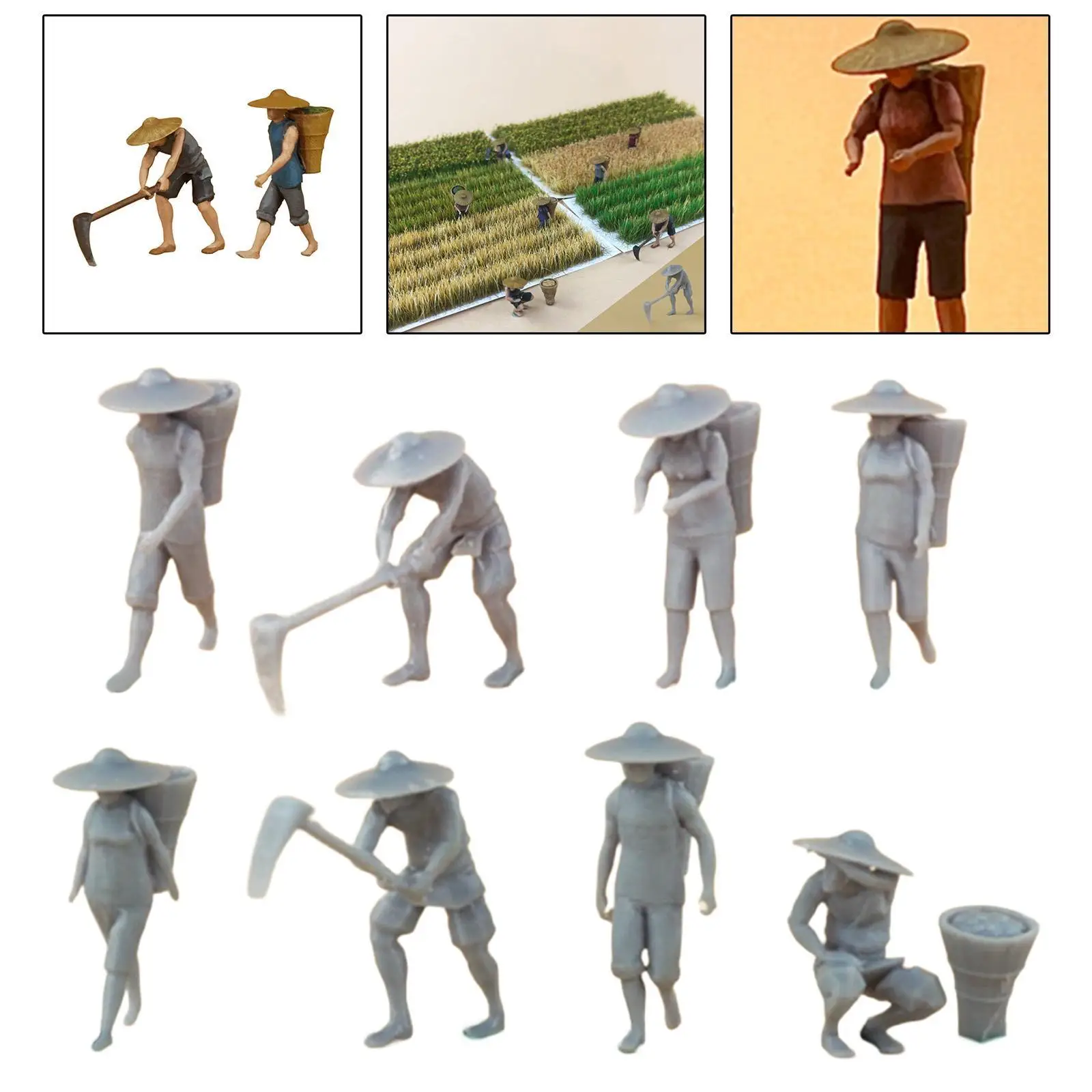 Farmer Resin Figurine Modelo, Personagem Cena DIY, Sand Table, 8Pcs, 1/87