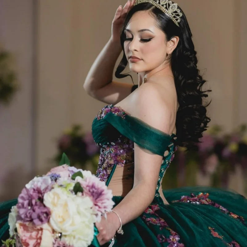 

Customized Shiny turquoise Quinceanera Dresses Off the Shoulder crystal applique Long tail Vestido 15 Quinceanera