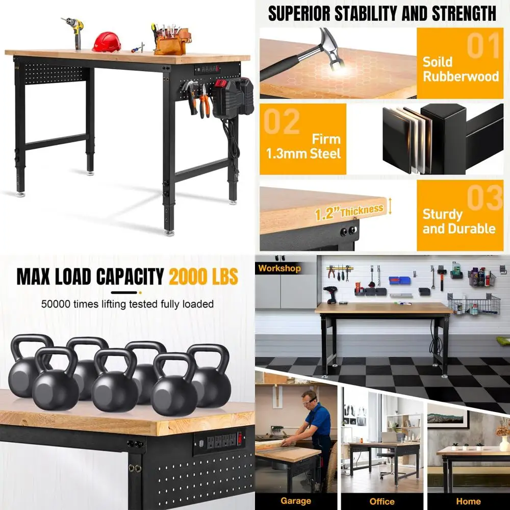 

Сверхмощный регулируемый верстак 48x24 с розеткой, перфорированной панелью, диапазон высоты 28–40 дюймов, грузоподъемность 2000 фунтов