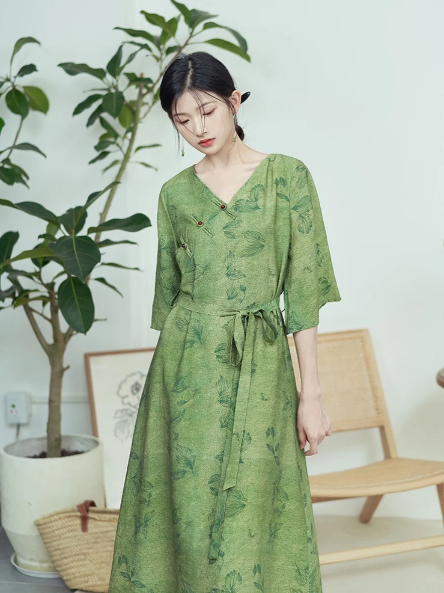 레트로 슬레 젠틀우먼스 리포머드 코튼 린넨 드 플로럴 프린트 A라인 스커트 또는 Sve V넥 여름 드