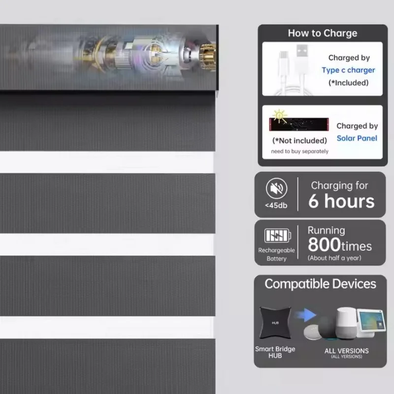 Customizable Blinds 100%Blackout Waterproof Fabric RemoteControl Connect Your Phone Homekit Motor Motorized Zebra Blind For Home
