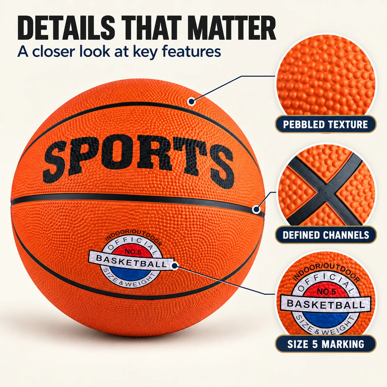 Orange Basketball with Pebbled Surface, Sizes 3, 5 and 7 for Kids Youth and Court Play, Optional 5PC Accessory Kit