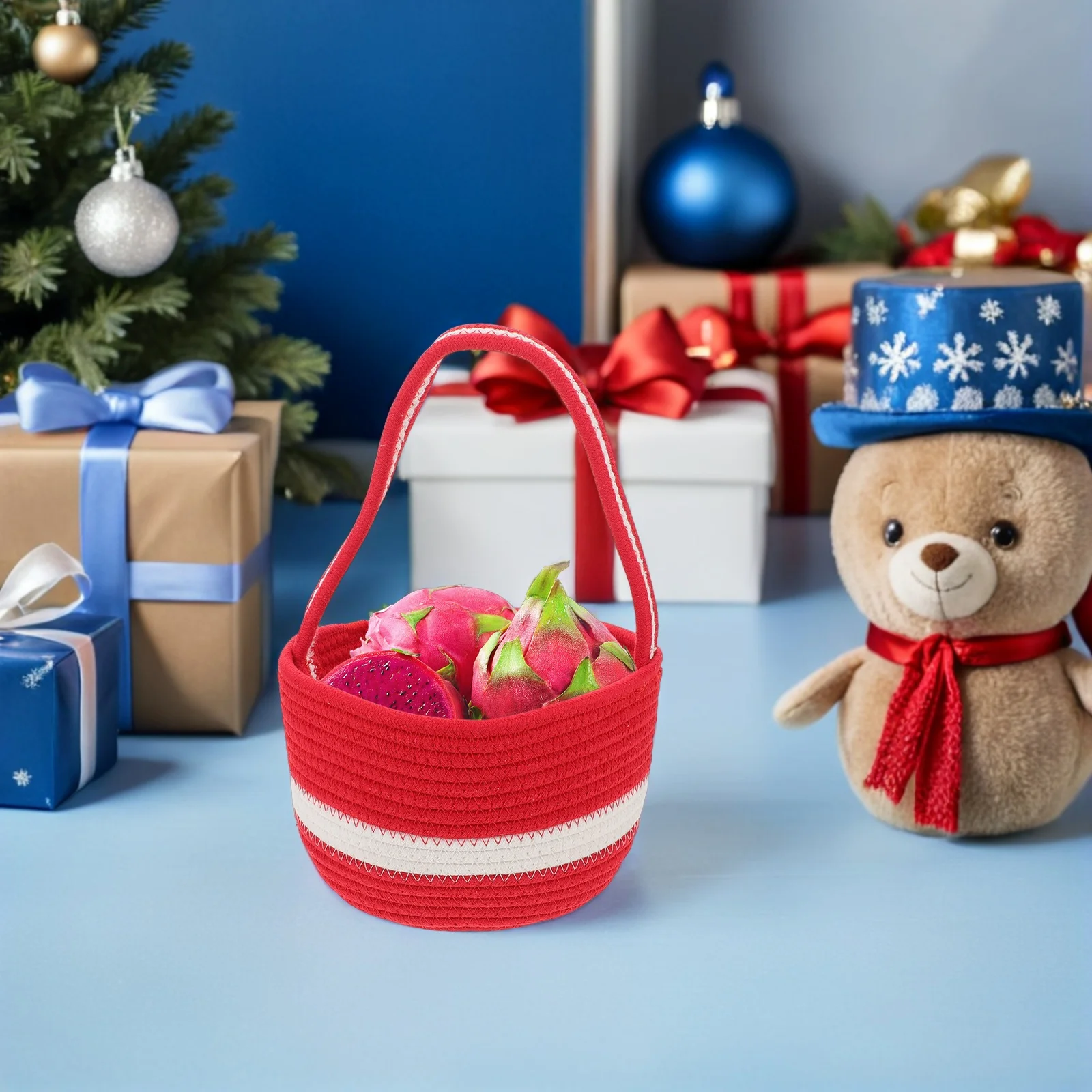 

Foldable Red Cotton Rope Basket Christmas Oval Desktop Organizer Handles 7.8 X 5.3 Inch Multifunction Storage Small Red Basket