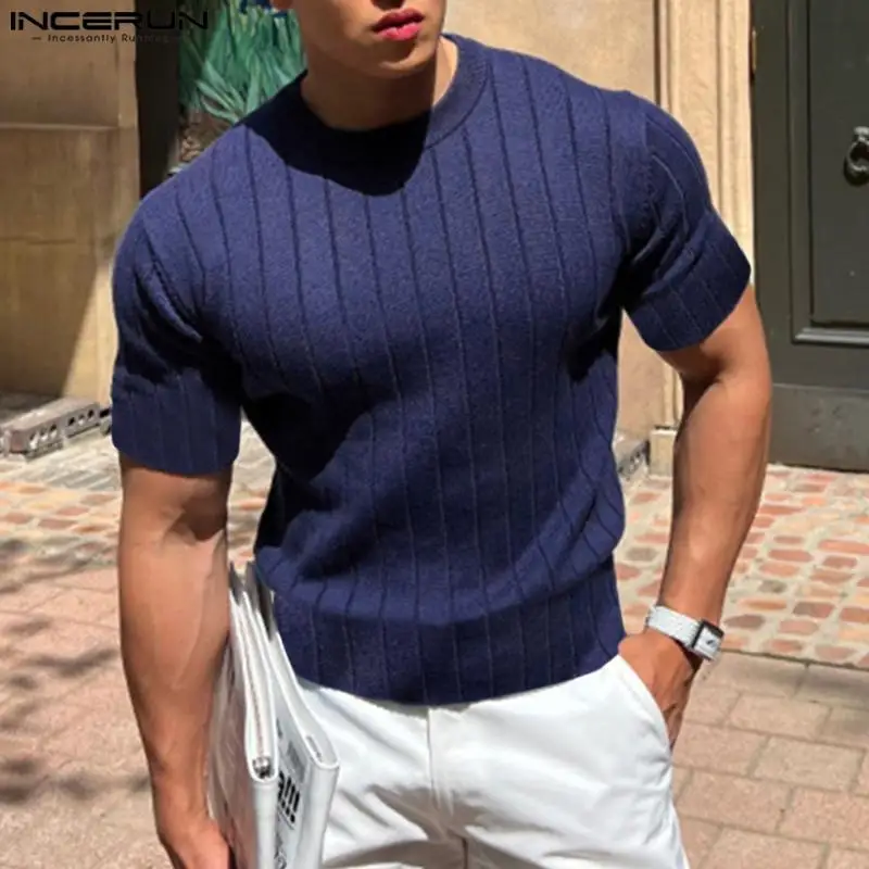 INCERUN-Camiseta de manga corta con cuello redondo para hombre, Tops informales de verano, ropa de calle de Fitness, Camisetas de moda, S-5XL, 2024