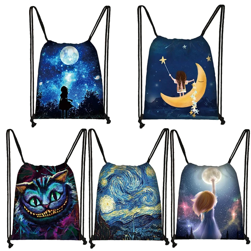 Galaxy / Starry Night Print Drawstring Bags Women Travel Bag Fashion Teenager Girls Canvas Softback Backpack Female Storage Bag