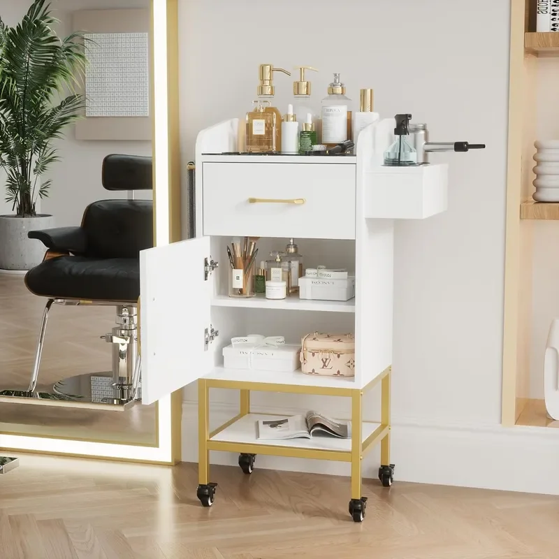 Salon Station Glass Top Trolley Cart Beauty Storage Cabinet White Rolling Hair Stations for Stylist with Lockable Wheels