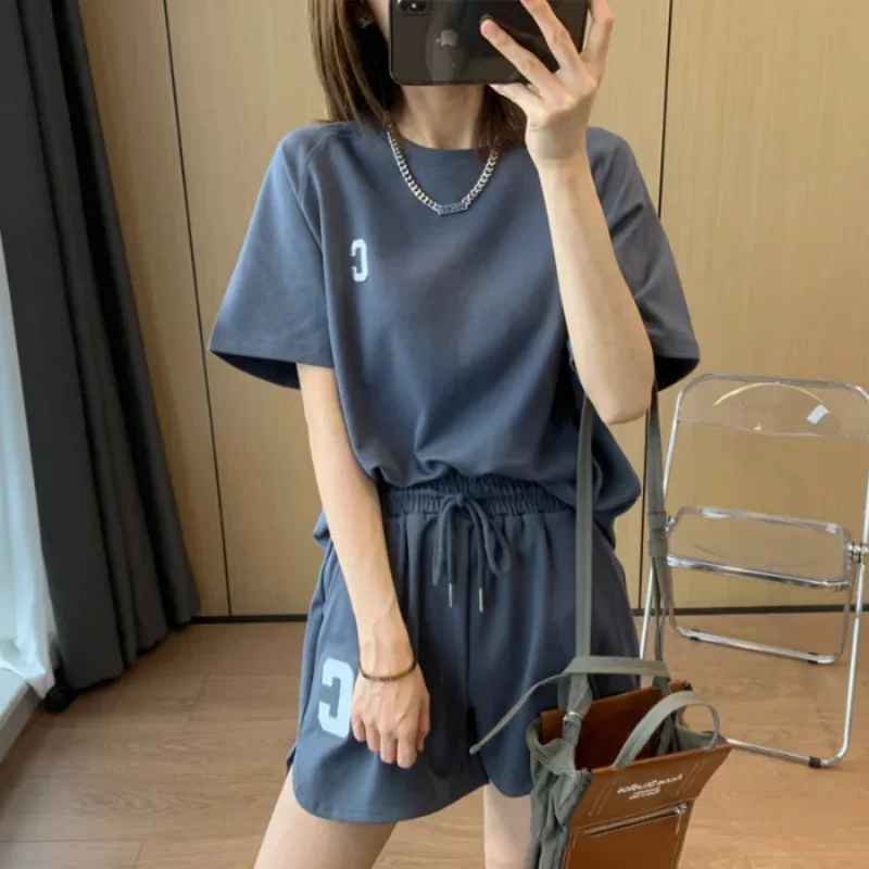 2pcs/set Casual Sports Suits Women Summer Short T-shirt Tops Wide Leg Shorts Fashion Two Piece Sets Womens Clothing Sport Outfit