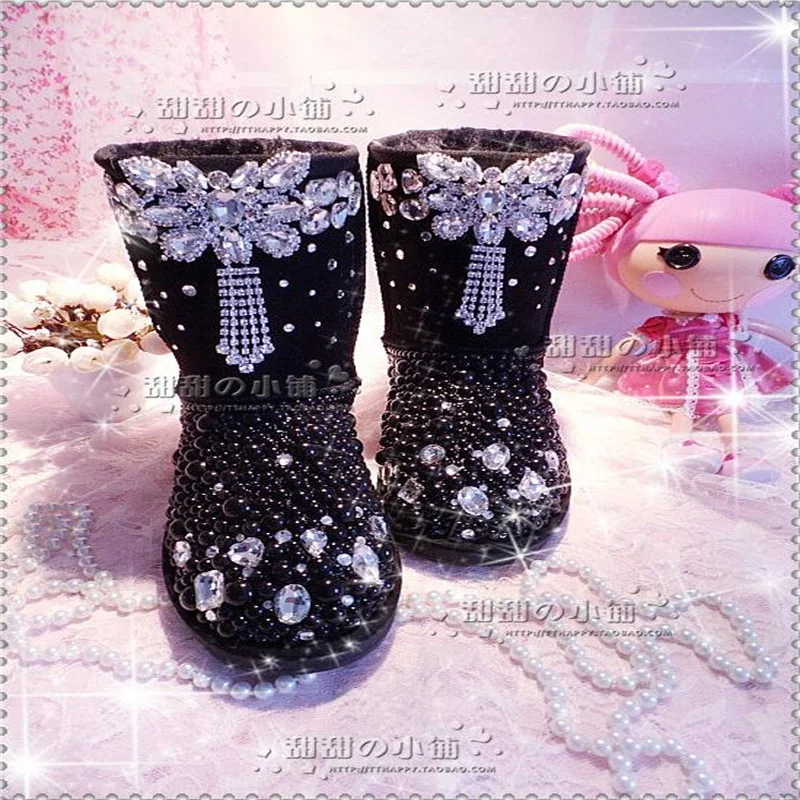 

Handcrafted black fringe pearl diamond accessories Fur One Snow boots large size mid-tube thickened women's cotton shoes 35-44