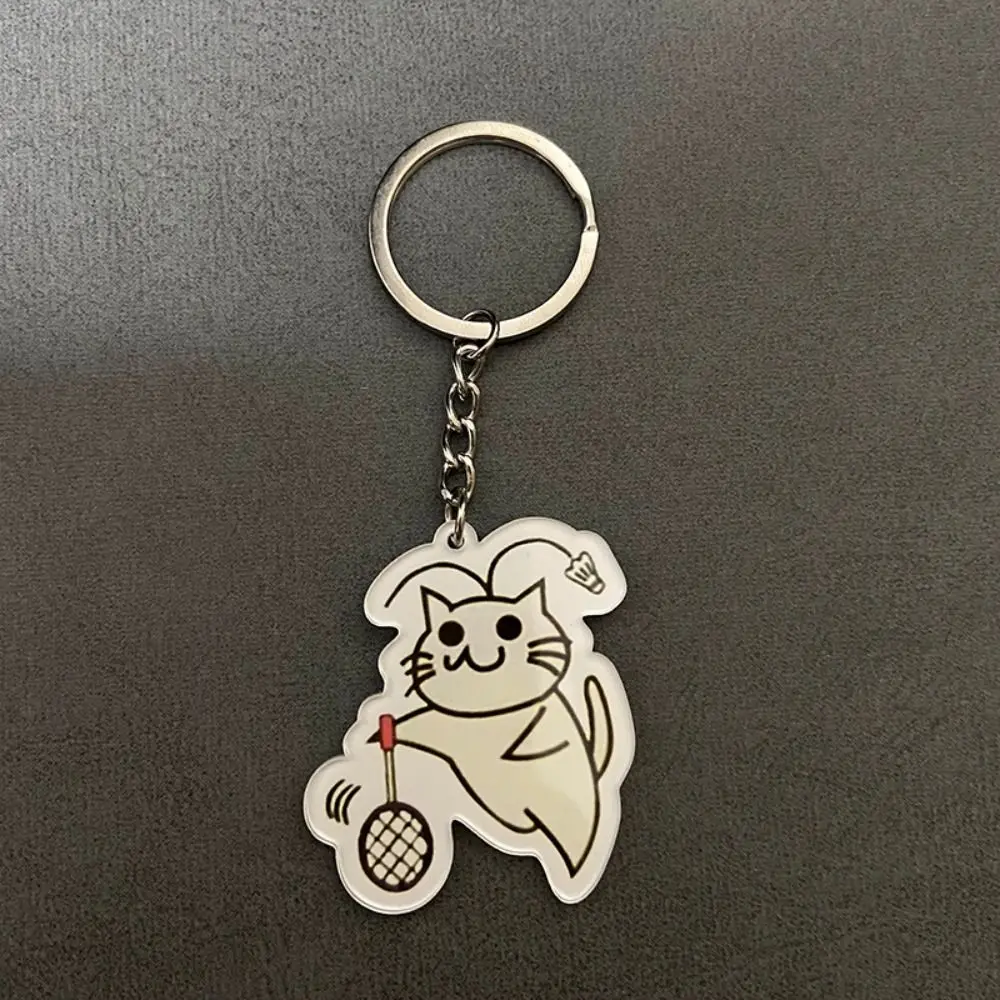 Acrylic Key Chains Bag Hanging Pendant Car Keyring Creative Cartoon Double Sided Cat Play Badminton Keychain Friend Gift