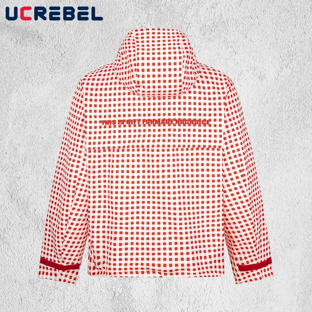 Contrast Paneled Plaid Jacket Mens Letter Embroidery Autumn Streetwear Stand Collar Long Sleeve Windbreaker Man