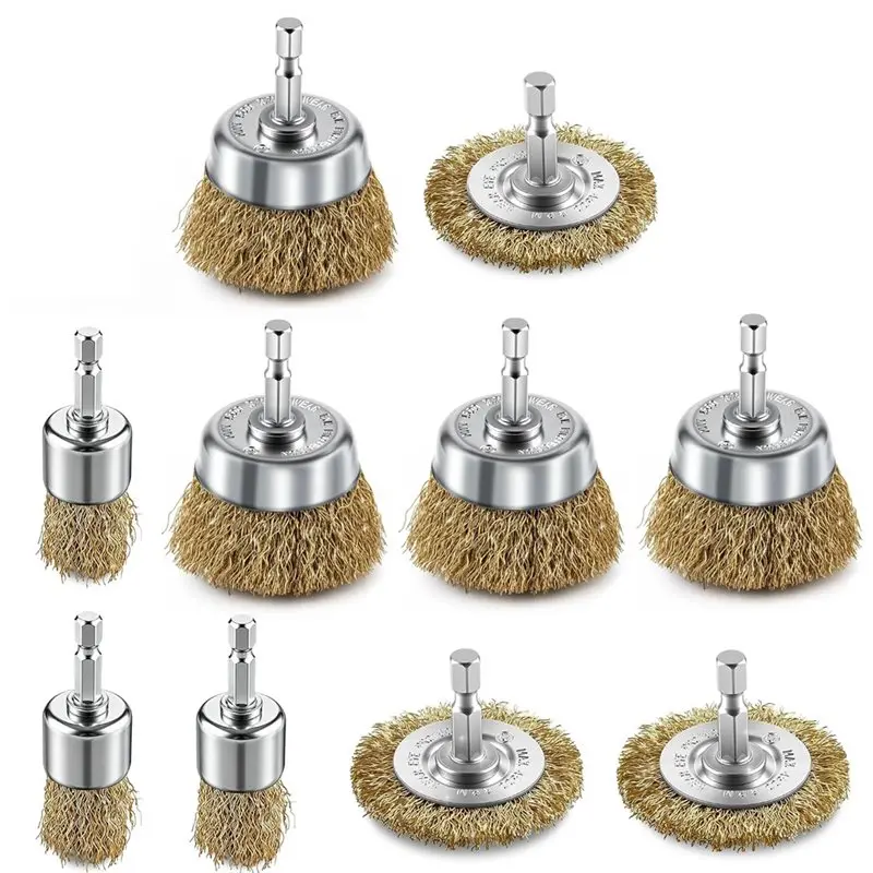 New Shown-Wire Brush Set For Drill(10PCS), Brass Coated Crimped Wheel Rust Removal Paint Stripping 1/4