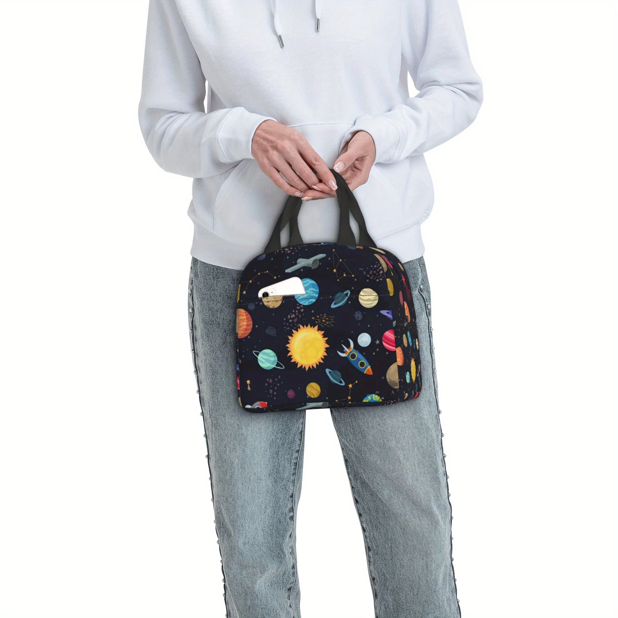 Reusable Space-Themed Insulated Lunch Bag - Portable Cooler Bag with Planets, Stars & Rocket Design - Perfect for Camping, Picni
