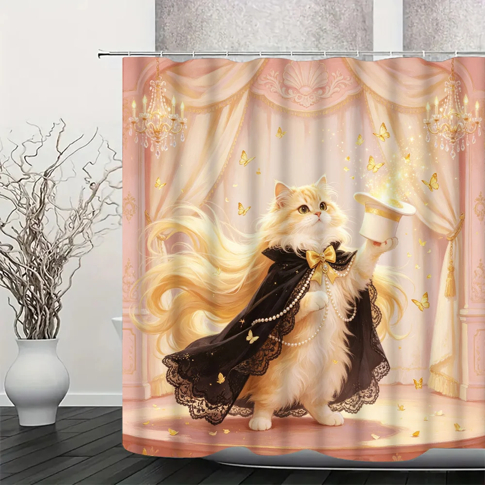 Whimsical Cute Cat Fantasy Shower Curtain Liner Waterproof Bathroom Decor Gold Magic Princess Themed Luxury Home Accent