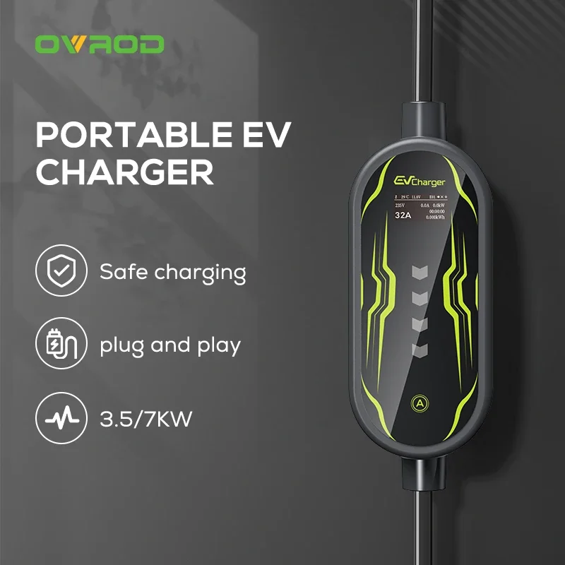 Ovrod 16A 3.5KW Type 2 Electric Car Charger Portable EV Charging Station With Adjustable Current For Electric Vehicles