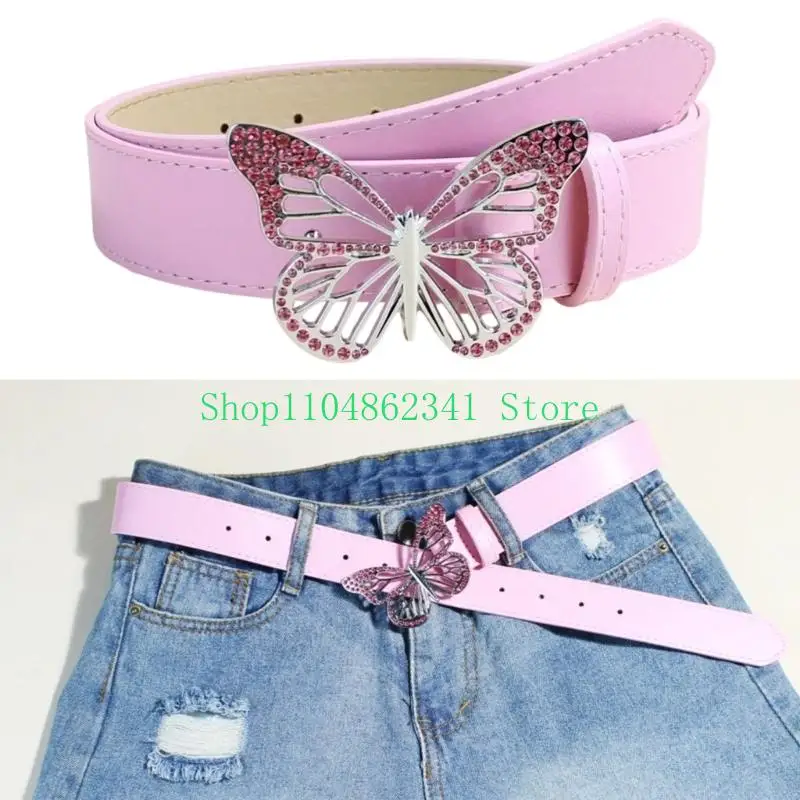 652F Sophisticated PU Leather Waist Belt Girdle Waist Band with Eye Catching Rhinestoned Butterfly Design for Various Outfits