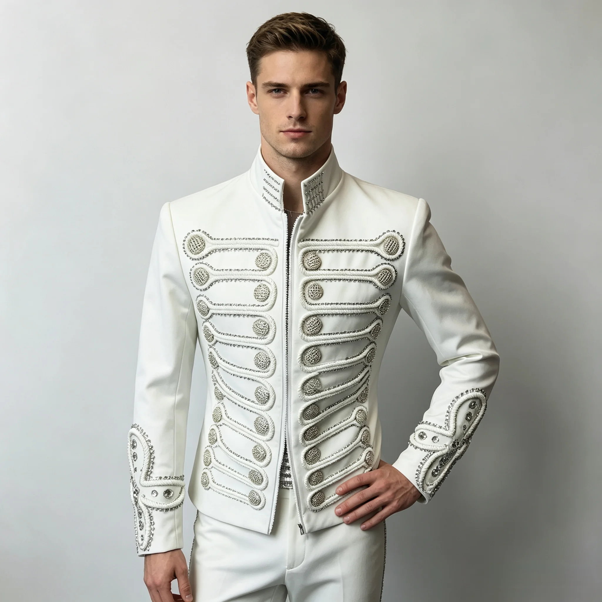 Customs Men White Military Style Braided Cord Rhinestone Decor Jacket Singer Stage Performance Blazer Wedding Party Formal Dress