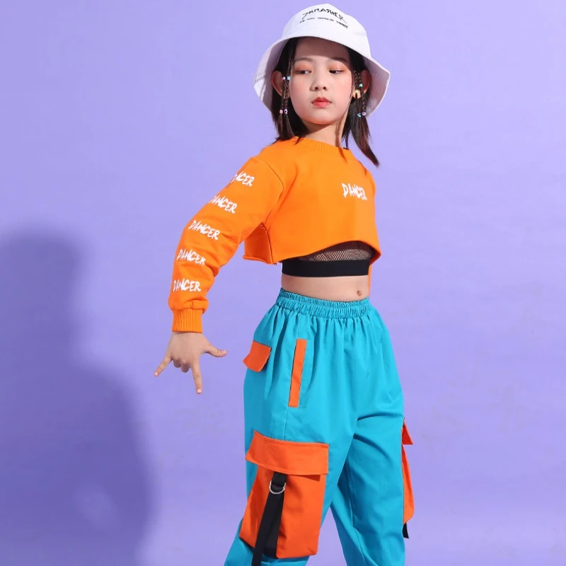 힙합 소녀 크롭탑 대비 색상 카고 팬츠 어린이 재즈 조거 스트리트웨어 스웨트셔츠 키즈 스트리트 댄스 치어리더 의상 세트