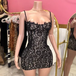 HLJ&GG Sexy Lace See Though Bodycon Spaghetti Strap Mini Dresses Women Sleeveless Slim Vestidos Fashion Clubwear Clothes 2025