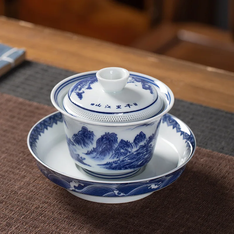 Jingdezhen Sancai Gaiwan Tea Cup Large Blue and White Porcelain Household Ceramic Landscape Ceremony Bowl Brewing Kung Fu Set