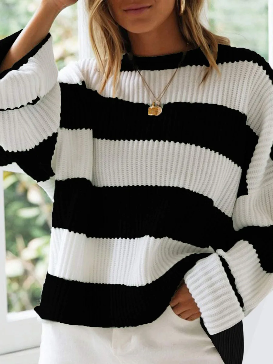 Women Stripe Print Cable Knit Round-Neck Long Sleeve Sweaters Fall Winter Loose Sweater Thick Cozy Chunky Knitwear