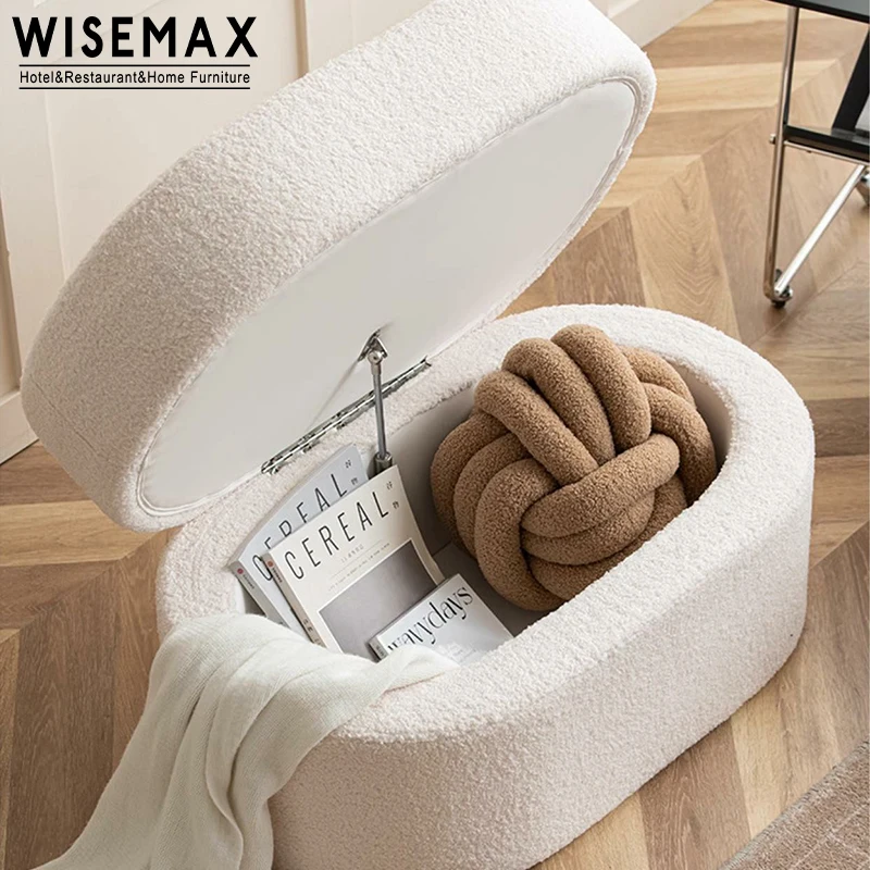 WISEMAX FURNITURE modern living room furniture lamb wool chair round shoe stool dressing room bench long ottoman with storage