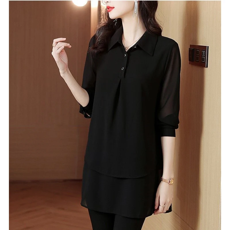 Oversized Fashion Mid Length Loose Chiffon Shirt for Women\'s Clothing New Spring Autumn Long Sleeved Covering Meat Bottom Top