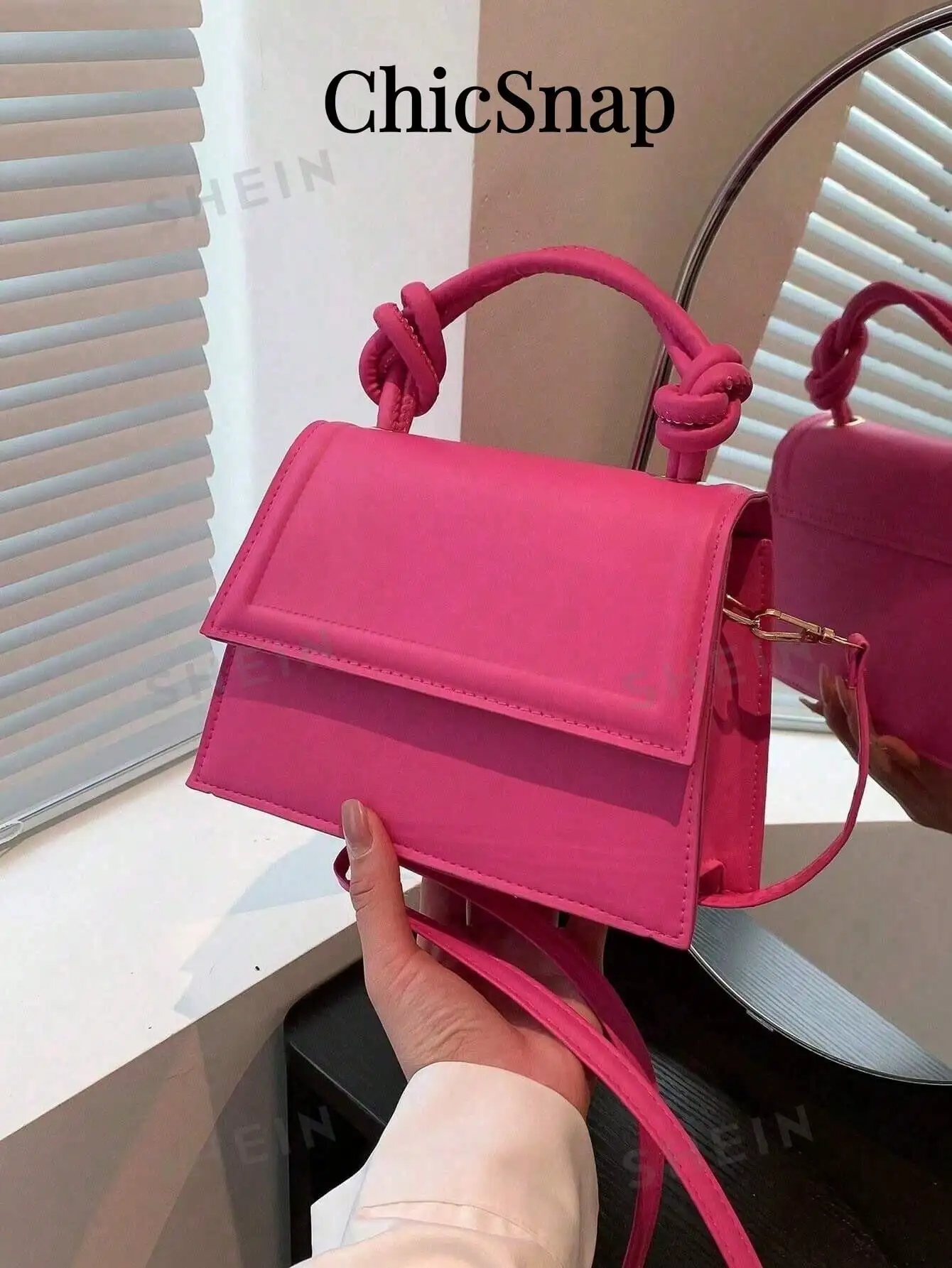 

Vibrant Fuchsia PU Leather Top-Handle Square Bag with Knot Detail