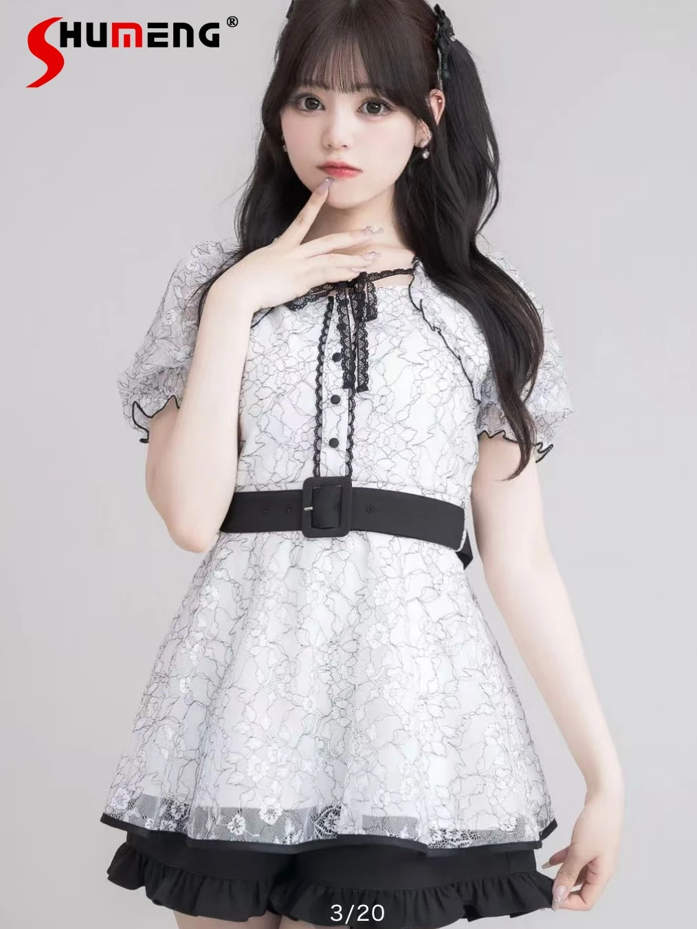 

Japanese Mine Style Mass-Produced Lace Puff Sleeve High-Waist Lace-up Bow Short Dress Shorts Sweet Lolita Two-Piece Sets Women