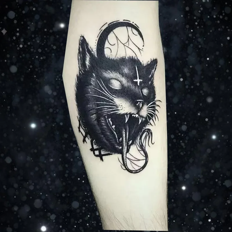 Tatuajes temporales de dibujos animados, monstruo negro, diablo, gato, tatuaje oscuro, arte corporal para brazo, transferencia impermeable, pegatina de tatuaje falso