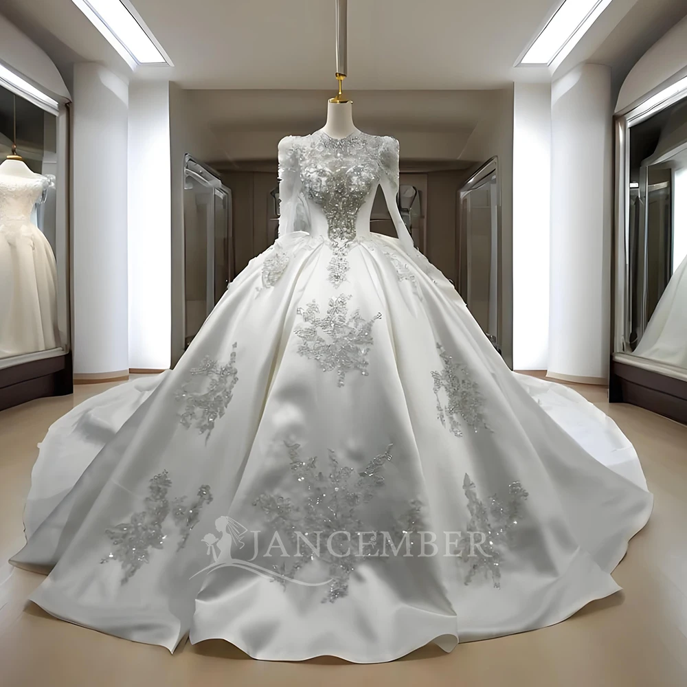 

Luxury Customized Wedding Dress Princess Stain Sequin Applique Long Sleeves Ball Gown Lace Up Back Bridal Gown Vestido De Novia