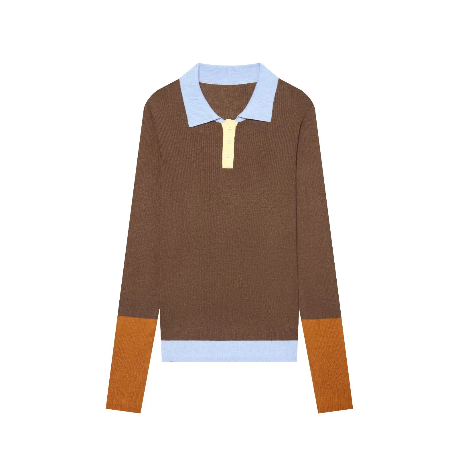 2026 Autumn New Women's Simple Fashion Long Sleeve Color blocked Ribbed Knitted Polo Shirt