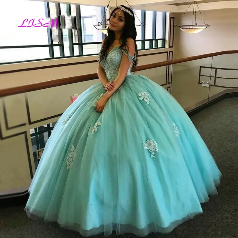 Elegante fora do ombro vestidos quinceanera para 15 anos rendas apliques vestidos de baile com decote em v doce 16 vestido de baile 2025