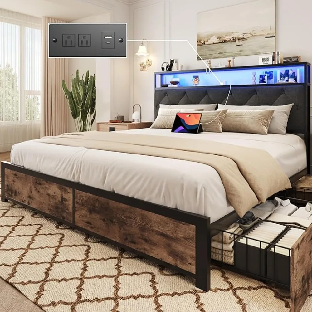 Bed Frame with 2-Tier Storage Fabric Upholstered Headboard, Metal Platform Bed with 4 Storage Drawers, Built-in Charging Station