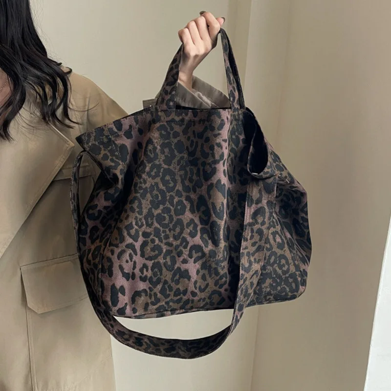 Women's Single Shoulder Crossbody Bag Handheld Tote Bag New Canvas Leopard Pattern Commuter Lazy Fashion Portable Large Capacity