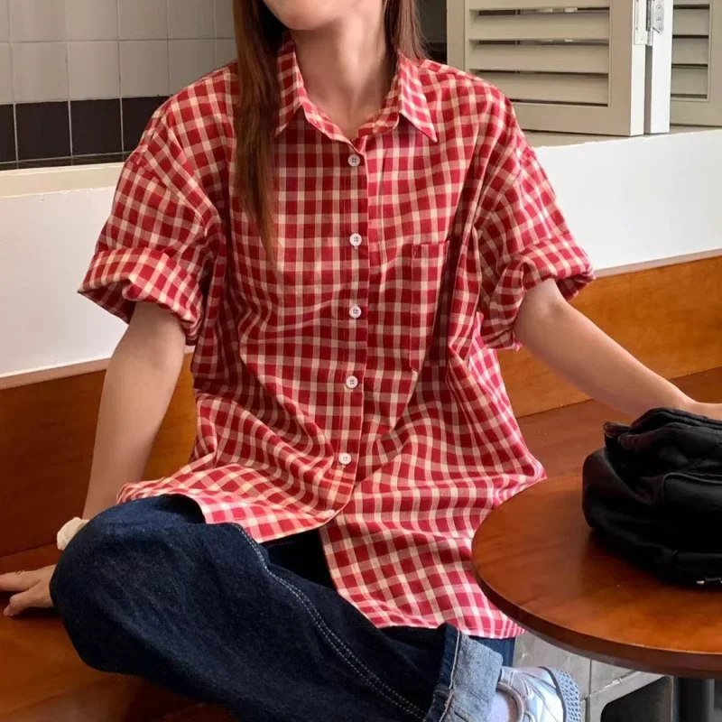 Camicia a maniche corte scozzese retrò rossa per donna Moda Estate 2025 Nuova camicia casual ampia vestibilità