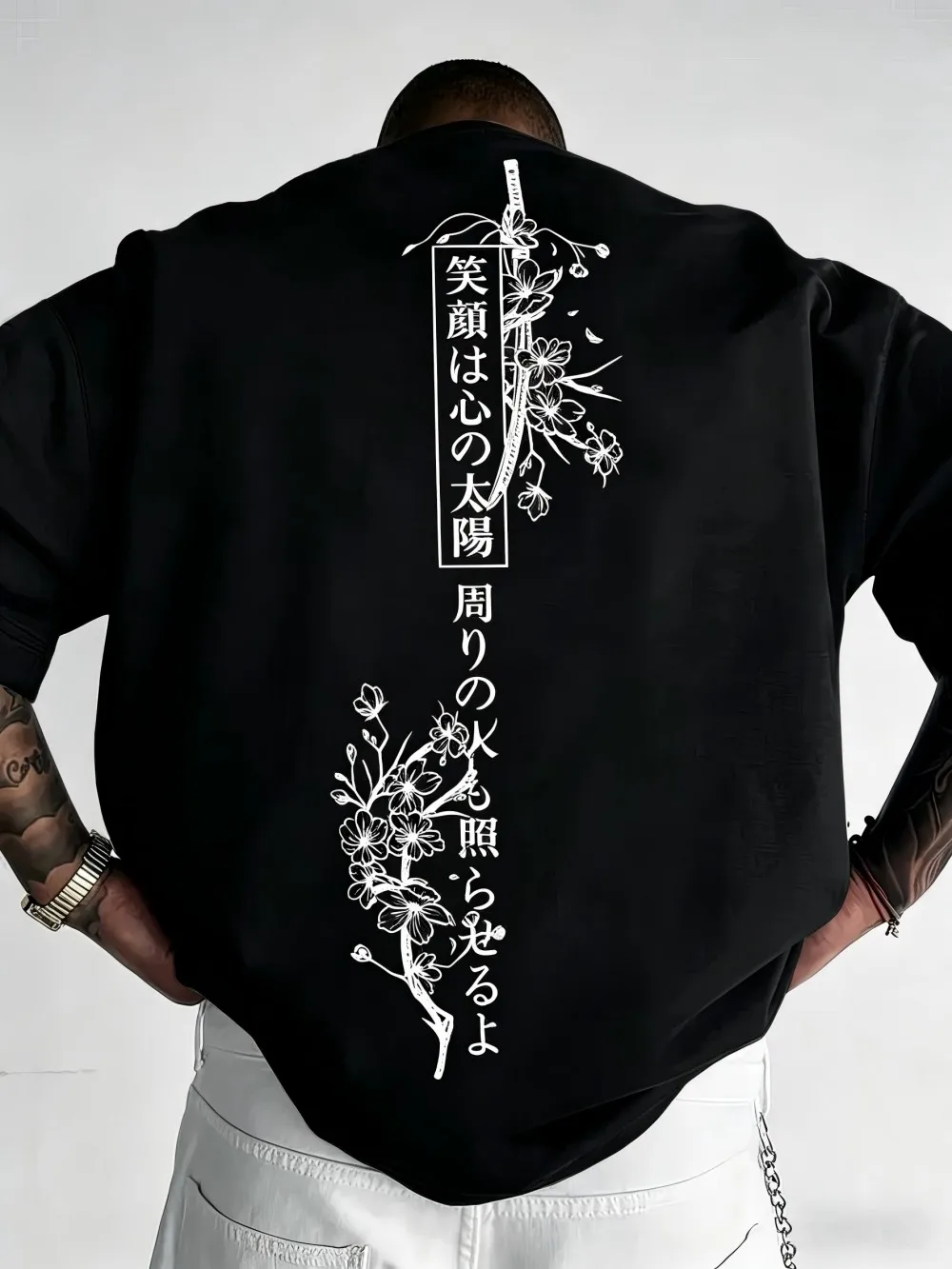 Trendy American men's summer cherry blossom branch letter print comfortable and breathable round neck T-shirt outdoor casual top