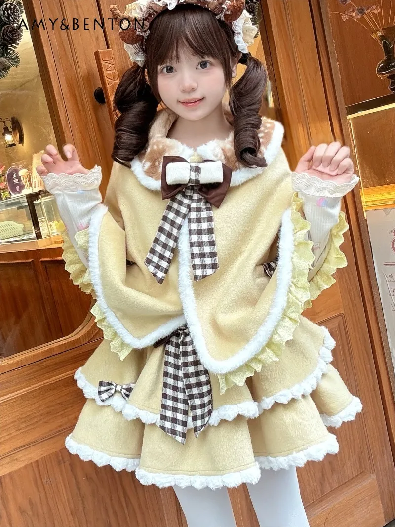 

Japanese Kawaii Cartoon Embroidered Hooded Cloak Set Lolita Sweet Multi-layer Strap Dress Lace Round Neck Long Sleeve Top Shawl