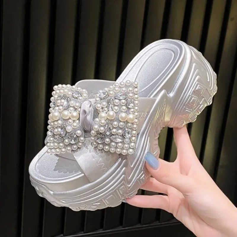 8cm Shiny Rhinestone High Platform Slippers Women Butterfiy-Knot Heels Chunky Sandals Woman Summer Thick Bottom Wedges Slides