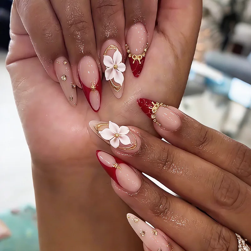 24 Uñas Postizas de Almendra con Punta Francesa, Diseño Dulce y Moderno, con Lazo 3D, Flores, Adornos de Estrella y Diamantes de Imitación para Chicas