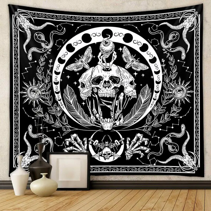 VIKAMA Goth Witchy Skull Wall Tapestry Black White Moth Snake Moon Constellation Mystic Spiritual Teen Room Hanging Cloth Decor